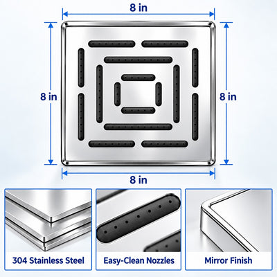 Rain Shower Head without Arm 304 Stainless Steel Overhead Shower 8x8 Inch (MAZE)