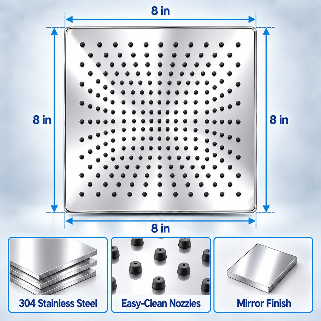 Rain Shower Head without Arm 304 Stainless Steel Overhead Shower 8x8 Inch (SOFT)