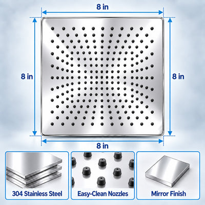 Rain Shower Head without Arm 304 Stainless Steel Overhead Shower 8x8 Inch (SOFT)