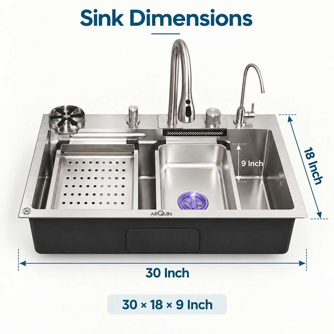 Waterfall Kitchen Sink (30x18x9 Inch) Silver 304 Grade Stainless Steel