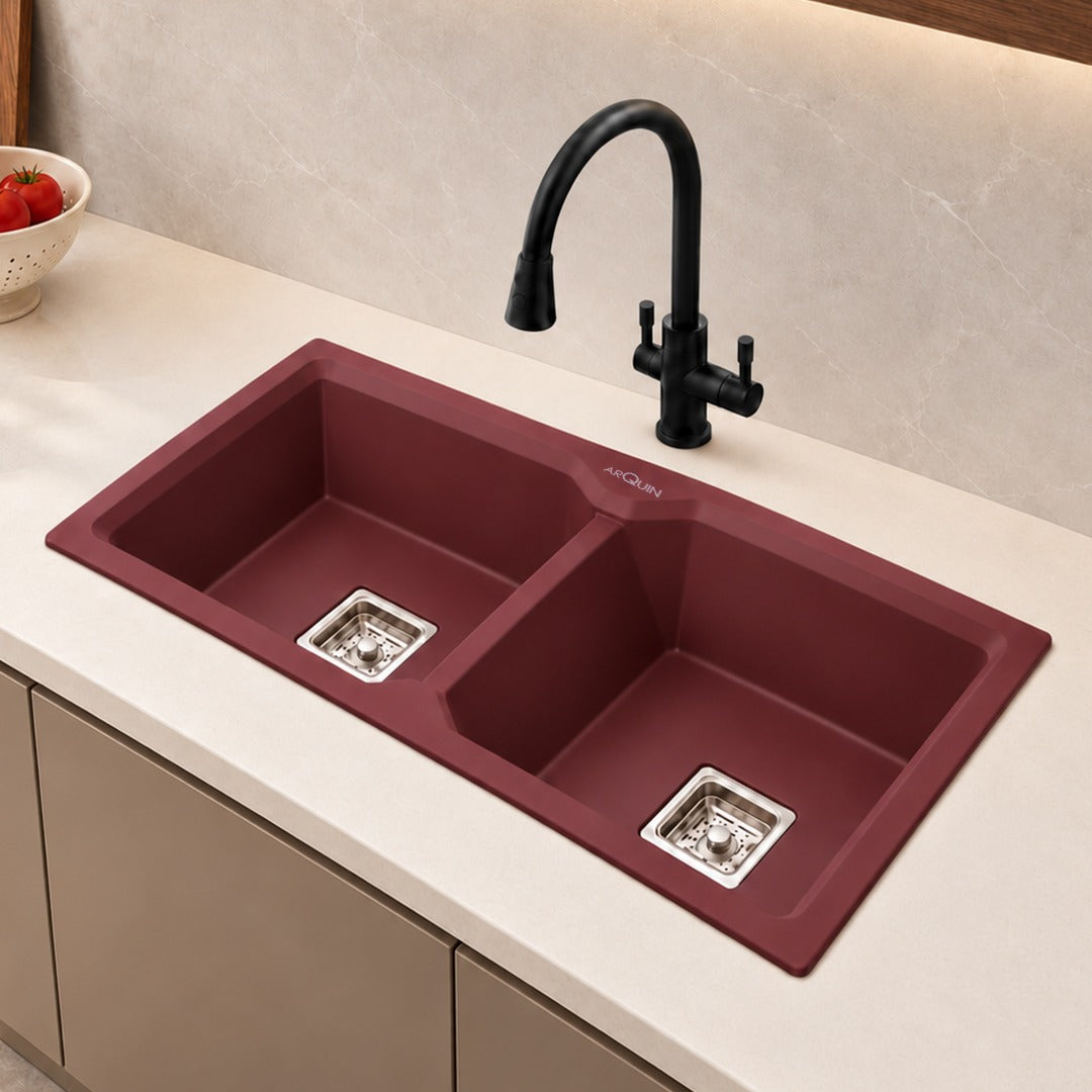 37x18x9 Inch Brown Quartz Double Bowl Kitchen Sink