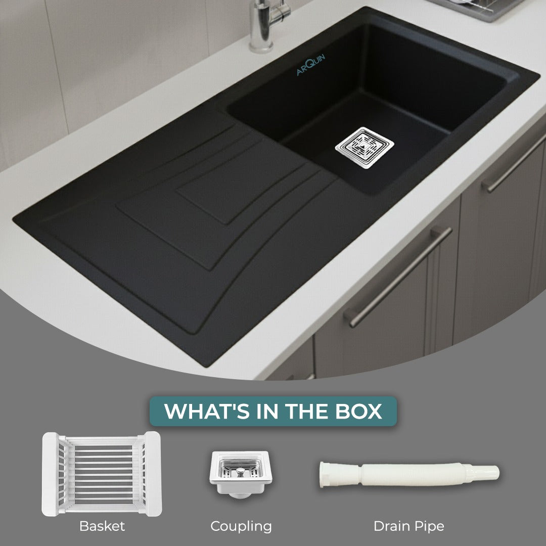 36x18x9 Inch Black Quartz Single Bowl With Drain Board Kitchen Sink