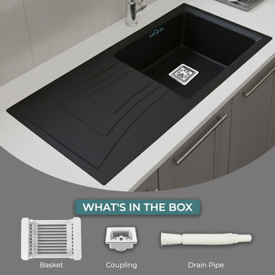 36x18x9 Inch Black Quartz Single Bowl With Drain Board Kitchen Sink