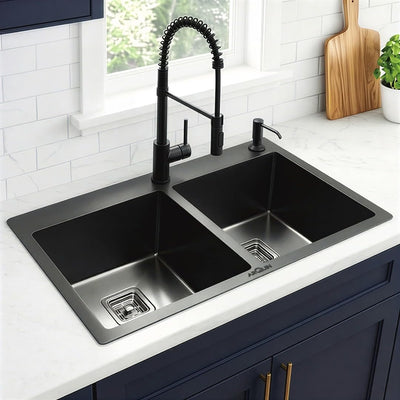 37x18x10 Inch 202 Heavy Grade Handmade Double Bowl With Tap Hole Kitchen Sink