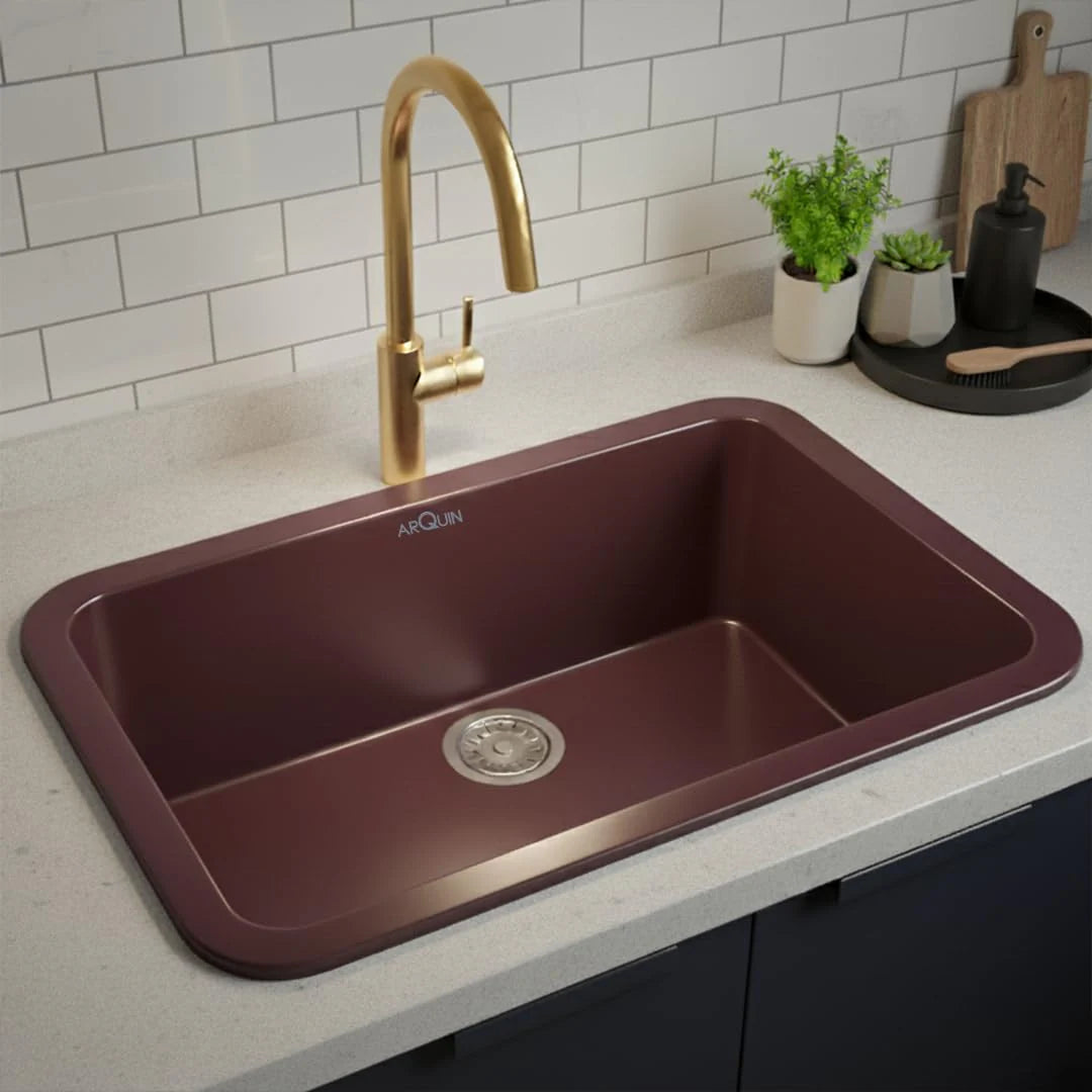 Quartz Single Bowl Round Kitchen Sink (31 x 19 x 9 Inches) | Brown
