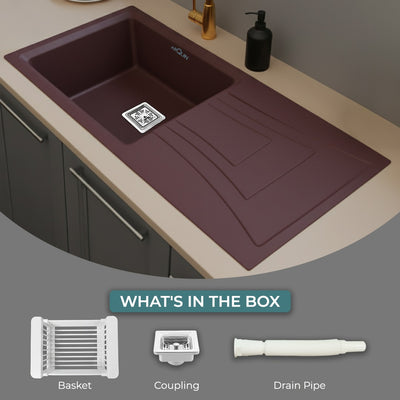 36x18x9 Inch Brown Quartz Single Bowl With Drain Board Kitchen Sink