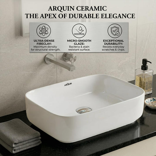 ARQUIN Wash Basin for Bathroom Tabletop | Ceramic Glossy Rectangular Countertop Vessel Sink | Vanity Washbasin for Dining Hall & Home JAGUAR