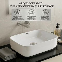 ARQUIN Wash Basin for Bathroom Tabletop | Ceramic Glossy Rectangular Countertop Vessel Sink | Vanity Washbasin for Dining Hall & Home JAGUAR