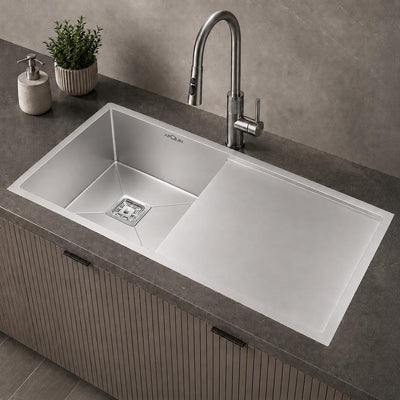 37x18x10 Inch 304 Grade Handmade Single Bowl With Drain Board Kitchen Sink Stainless Steel