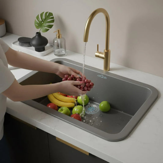 Quartz Single Bowl Round Kitchen Sink (31 x 19 x 9 Inches) | Grey