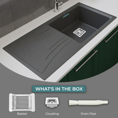 36x18x9 Inch Grey Quartz Single Bowl With Drain Board Kitchen Sink