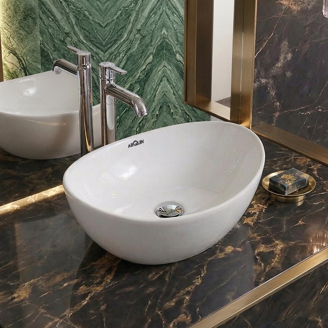 ARQUIN Wash Basin for Bathroom Tabletop | Ceramic Glossy Rectangular Countertop Vessel Sink |TOTO