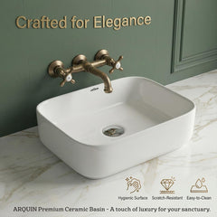 ARQUIN Wash Basin for Bathroom Tabletop | Ceramic Glossy Rectangular Countertop Vessel Sink | Vanity Washbasin for Dining Hall & Home JAGUAR