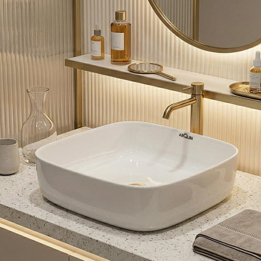 ARQUIN ARQUIN Wash Basin for Bathroom Tabletop | Ceramic Glossy Rectangular Countertop Vessel Sink | Vanity Washbasin for Dining Hall & Home KOLAR