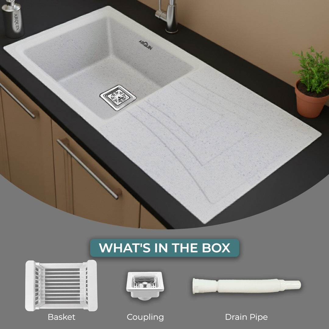 36x18x9 Inch Sand Pluto Quartz Single Bowl With Drain Board Kitchen Sink