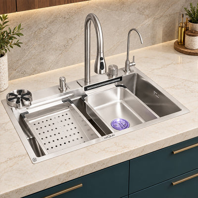 Waterfall Kitchen Sink (30x18x9 Inch) Silver 304 Grade Stainless Steel