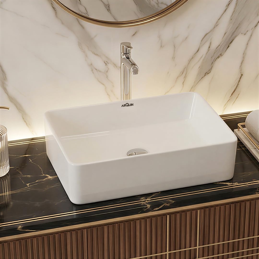 ARQUIN Wash Basin for Bathroom Tabletop | Ceramic Glossy Rectangular Countertop Vessel Sink | Vanity Washbasin for Dining Hall & Home COASTA