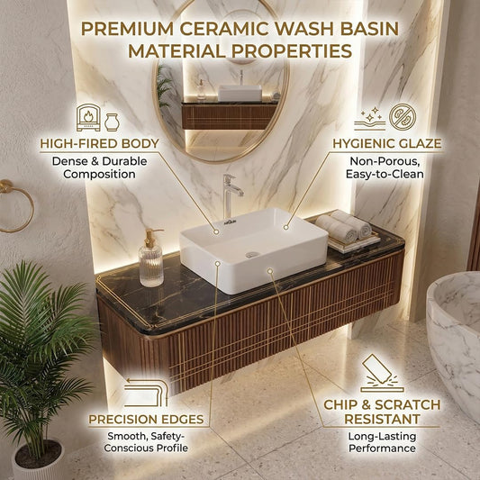 ARQUIN Wash Basin for Bathroom Tabletop | Ceramic Glossy Rectangular Countertop Vessel Sink | Vanity Washbasin for Dining Hall & Home COASTA