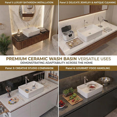 ARQUIN Wash Basin for Bathroom Tabletop | Ceramic Glossy Rectangular Countertop Vessel Sink | Vanity Washbasin for Dining Hall & Home COASTA