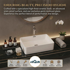 ARQUIN Wash Basin for Bathroom Tabletop | Ceramic Glossy Rectangular Countertop Vessel Sink | Vanity Washbasin for Dining Hall & Home COASTA