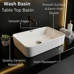 ARQUIN Wash Basin for Bathroom Tabletop | Ceramic Glossy Rectangular Countertop Vessel Sink | Vanity Washbasin for Dining Hall & Home COASTA