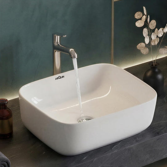 ARQUIN Wash Basin for Bathroom Tabletop | Ceramic Glossy Rectangular Countertop Vessel Sink | DOVE