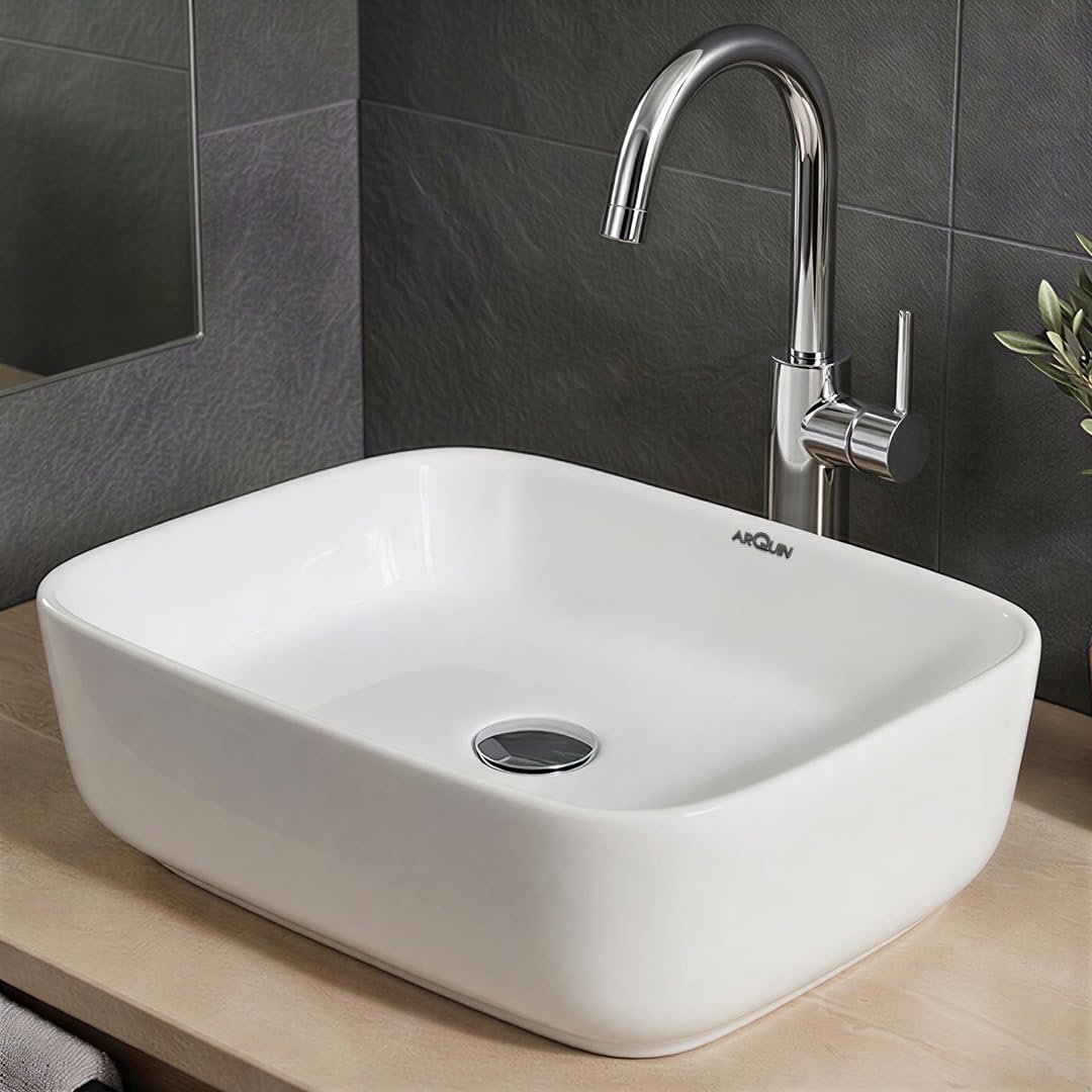 ARQUIN Wash Basin for Bathroom Tabletop | Ceramic Glossy Rectangular Countertop Vessel Sink | DOVE