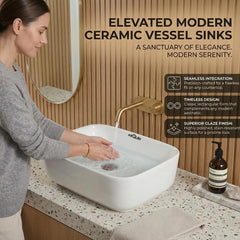 ARQUIN Wash Basin for Bathroom Tabletop | Ceramic Glossy Rectangular Countertop Vessel Sink | DOVE