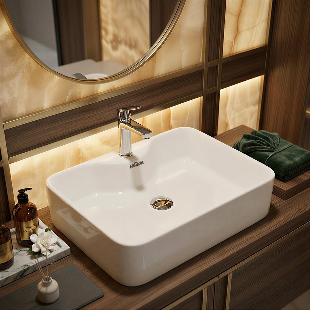 ARQUIN ARQUIN Wash Basin for Bathroom Tabletop | Ceramic Glossy Rectangular Countertop Vessel Sink | Vanity Washbasin for Dining Hall & Home DUCK