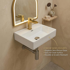 Platinum Ceramic Wall Hung Washbasin for Bathroom | Wall Mounted Rectangular Sink| Ceramic Wall Hung Small Bathroom Basin CUBIC