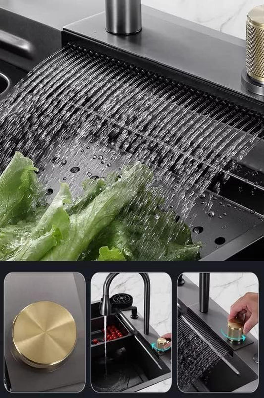 Kitchen Sink 24"x18"x9"Inch Single Bowl Waterfall Sink 304 Grade Stainless Steel