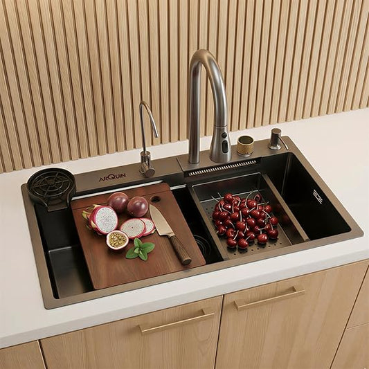 Kitchen Sink 24"x18"x9"Inch Single Bowl Waterfall Sink 304 Grade Stainless Steel