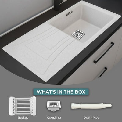 36x18x9 Inch White Quartz Single Bowl With Drain Board Kitchen Sink