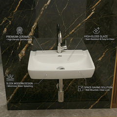 Platinum Ceramic Wall Hung Washbasin for Bathroom | Wall Mounted Rectangular Sink Ceramic Wall Hung Small Bathroom Basin PLANO