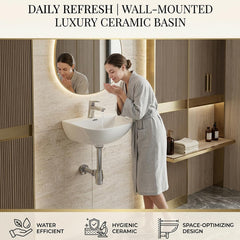 Platinum Ceramic Wall Hung Washbasin for Bathroom | Wall Mounted Rectangular Sink | Ceramic Wall Hung Small Bathroom Basin PEARL