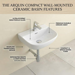 Platinum Ceramic Wall Hung Washbasin for Bathroom | Wall Mounted Rectangular Sink | Ceramic Wall Hung Small Bathroom Basin PEARL